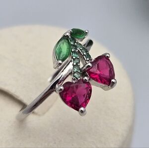 Silver Tone Cherry Ring Heart-Shaped Ruby Cute Statement Size 6